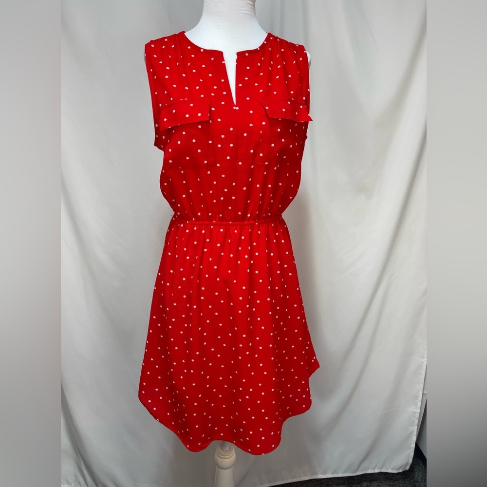 Monteau Los Angeles red polka dot sleeveless V-neck mini dress size M - Picture 3 of 16